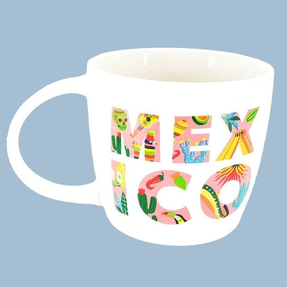 Mexico Coffee Mug 12oz Ceramic Folk Art Pink White Colorful Cactus Fiesta Cup